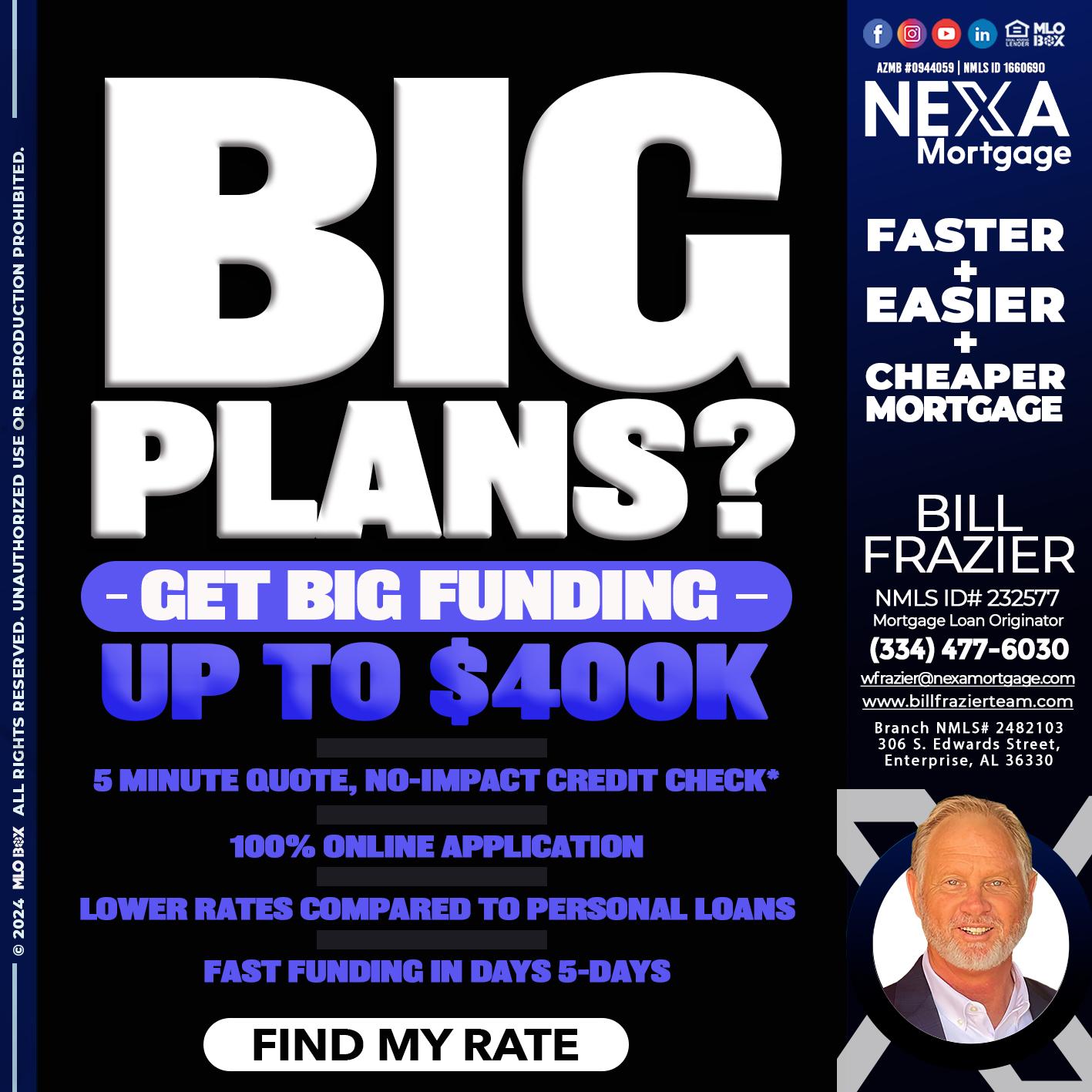 BIG PLANS - Bill Frazier -Mortgage Loan Originator