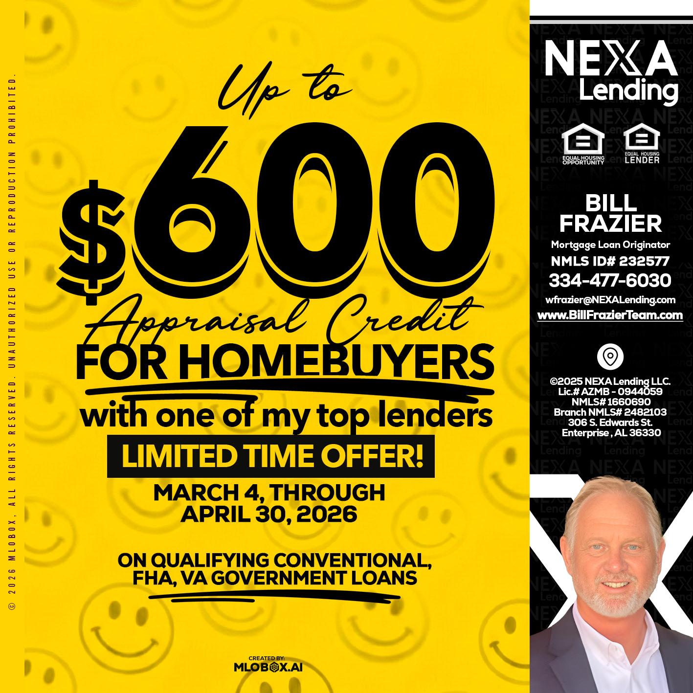 UP TO 600 - Bill Frazier -Mortgage Loan Originator